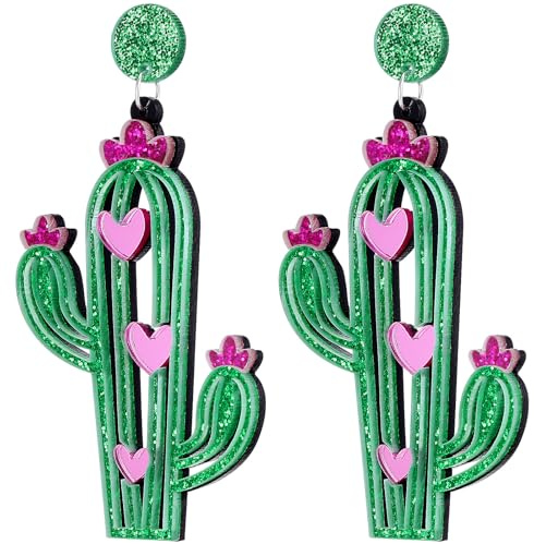 BESTonZON Kaktus Tropfenohrringe mit Anhänger Baumelnde Modeschmuck Ohrringe für Frauen und Mädchen Grüner Pflanzen Schmuck für Alltag und Festival