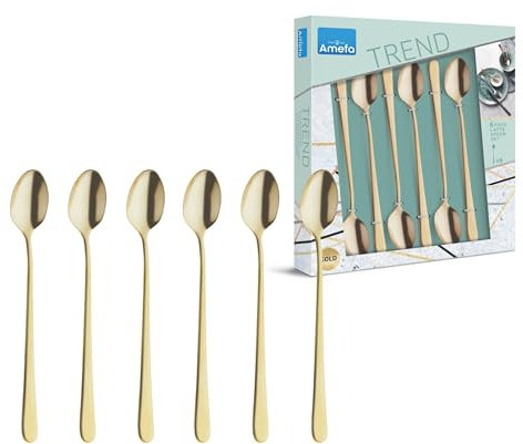 Amefa AUSTIN Latte Macchiato Löffel Set | 6-teilig | stylisches Design in Trendfarbe | Edelstahl mit PVD Veredelung | Gold satiniert | 19, 8 cm | Kaffeelöffel lang | Langer Löffel für Chai Latte