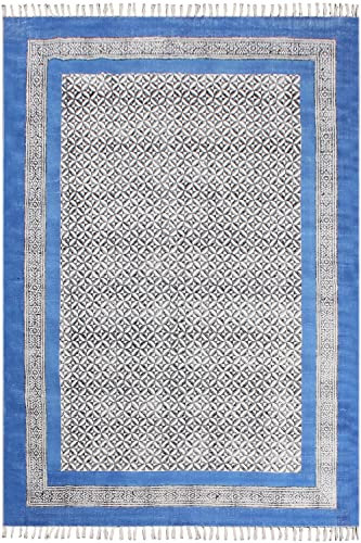 CASAVANI Handgefertigter Teppich Baumwolle Dhurrie Handblock Bedruckt Boho Kelim Blau, Schwarz Flachgewebe Teppich Indoor Wohnkultur Teppiche für Schlafzimmer 80 x 300 cm (2,6 x 10 Fuß Läufer)