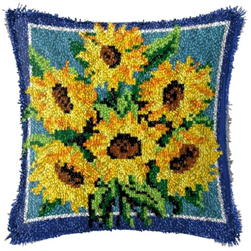 ZUHK DIY Latch Hook Kit, 3D Pillow Materials Package Embroidery Kits Cross Stitch Sofa Cushion Cover with Latch Hook Tool fit for Kids and Adults, 43x43 cm (Sunflower B)