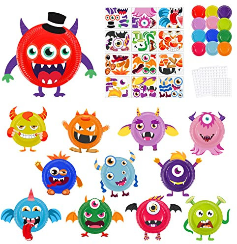 MENGON 12 Sets Art and Crafts Kit for Kids Toddlers Monster Plate Paper Crafts 3-12 Year Old Creative Activity Party Pack Preschool Educational DIY Toys Handmade Gifts Boys Girls