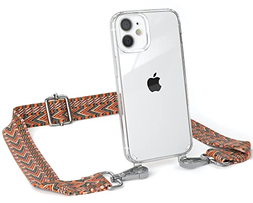 EAZY CASE Handykette - Verstellbares Taschenband kompatibel mit iPhone 12 Mini, Schulterriemen, Handykordel mit Silikon Hülle, Umhängetasche, Orange Grün Silber