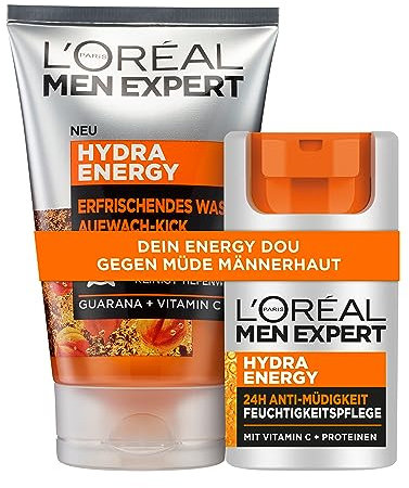 L'Oréal Men Expert Gesichtspflegeset für Männer, Gesichtsreinigung (100ml) + Feuchtigkeitscreme (50ml), Erfrischende und Belebende Männerpflege mit Vitamin C, Hydra Energy Set