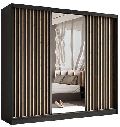 Margaret Hadas24 Kleiderschrank Erika mit Lamellen und Spiegel, Organizer, Mehrzweckschrank, Schwebetürenschrank, Garderobenschrank, Kleiderstange, Kleiderständer, Flurschrank, 240 cm, schwarz, braun