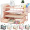 Doynrtx Desk Paper Organizers and Accessories - 4-Tier Paper Letter Tray Organizer with File Holder,Drawer and 2 Pen Holders,Desk Accessories & Workspace Organizers for Office,School,Home (Rose Gold)