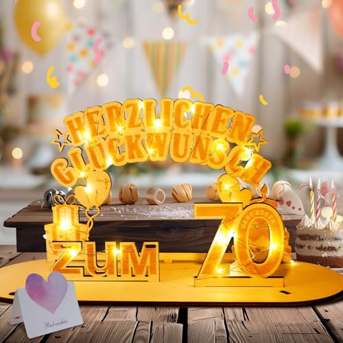 skelo 70 Geburtstag Geschenk Frauen & Männer, Holz-Schild mit LED Lichterkette Geldgeschenke GeburtstagStänder, 70. Geburtstag Frau Mann, Geschenkideen zum 70 Geburtstag für Familie Freunde Deko