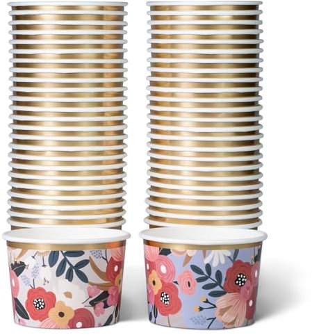 Lot de 50 Pots Glace 266 ml et Coupelles Jetables – Bols en Papier avec Motif Floral et Bord Doré – Pot à Glace Jetable, Coupelle Jetable Chaud/Froid pour Fêtes, Mariages, Desserts et Soupes