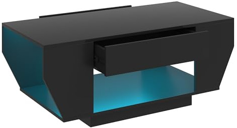KEEPREAPER Couchtisch Wohnzimmertisch mit LED und 2 Schubladen Hochglanz | Boot-Form Design, für Wohnzimmer 106 x 50 x 41cm Schwarz