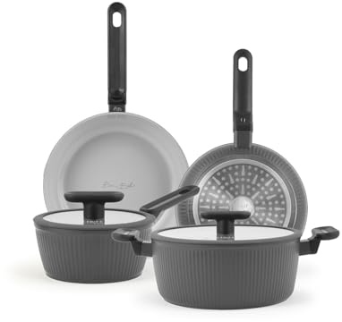 H&H by Bruno Barbieri - Batteria di Pentole Explore, 6 Pezzi – Alluminio con Rivestimento Antiaderente, Padelle e Casseruole, Coperchio in Vetro con Silicone, Adatta a Tutti i Piani Cottura