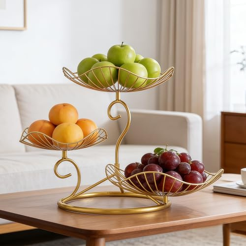 Yalitrca 3 Tier Fruit Basket Made of Solid Iron, Fruit Bowl & Etagere, Metal Obstkorb for Fruit Storage, Kitchen Organiser for Fruits, Vegetables, Bread and Snacks (Gold Nordic Style)