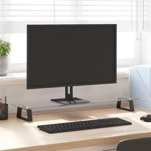 QUAHEAS Monitor Stand Black Tempered Glass and Metal 80 x 20 x 8 cm Ergonomic with Storage Space for Computer Desk Laptop PC Tablet Holder Space Saving for Office Home Office Gaming Workplace