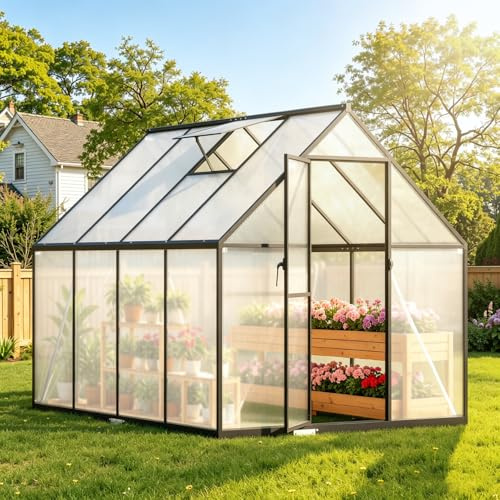 Jaxguom Serra in alluminio 224 x 170 x 195 cm, policarbonato 4 mm | Con telaio di base e lucernario, serra per pomodori resistente alle intemperie per giardino, ortaggi e piantine