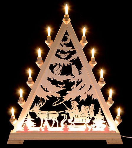 Kunstgewerbe Taulin 16 Kerzen Nikolaus mit Schlitten - 66 cm, Weihnachten, Weiß, Paraffinwachs, Unparfümiert, Kerze, Kandelaber, Rechteckig, Indoor, Charakter, Mit Vorbeleuchtung