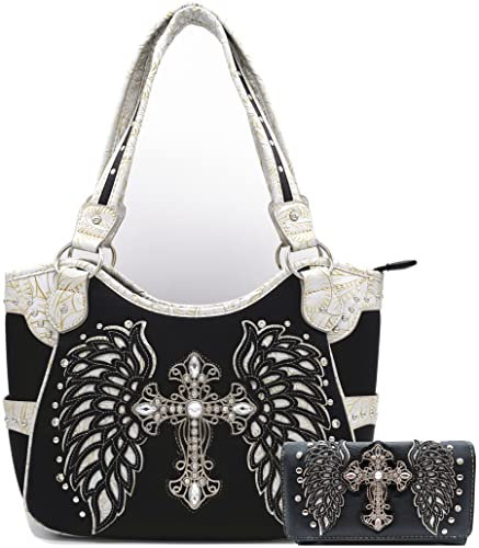 Western Style Strass Kreuz Nieten Laser Cut Flügel Tooled Leder Geldbörse Frauen Handtaschen Land Umhängetasche Brieftasche Set, Schwarz/Silber Set, Large