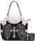 Western Style Strass Kreuz Nieten Laser Cut Flügel Tooled Leder Geldbörse Frauen Handtaschen Land Umhängetasche Brieftasche Set, Schwarz/Silber Set, Large