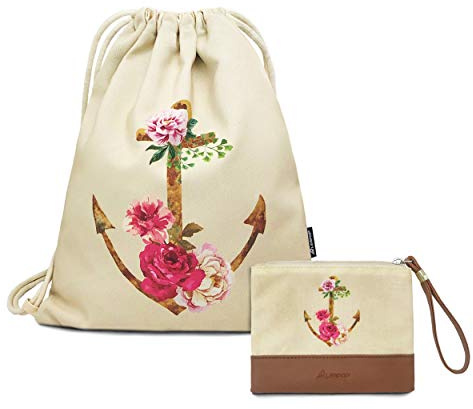 LEAPOP Turnbeutel Hipster Segeltuch Sporttaschen, Unisex Anker Blumen Gym Sack Beutel Sportbeutel Tüte Rucksack mit Innentasche und Schlüsselbund, Eines Münzbörsen