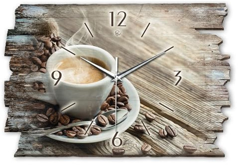 Kreative Feder Designer Wanduhr „Kaffee“ aus Holz 40x27cm im Shabby Style Design - Designeruhr mit flüsterleisem Uhrwerk ohne Ticken (Kaffee, leises Funkuhrwerk)