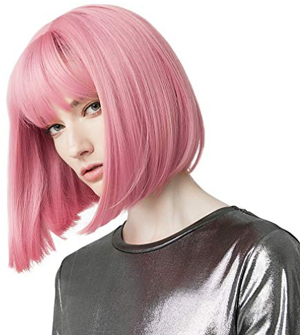 REECHO Pink Kurze Bob Perücke mit Pony, 28 cm Glatte Bob Perrücke für Frauen Natürlich Aussehend Synthetische Perücke Kostüm Cosplay Perücken für Tägliche Karneval Fasching Halloween