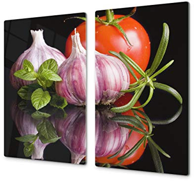 ORIGINALE tagliere in VETRO temperato – Copri-piano cottura a induzione –Tagliere pezzo UNICO (60x52 cm) o DUE pezzi (30x52 cm ognuno); D07 Frutta e Verdura: Aglio