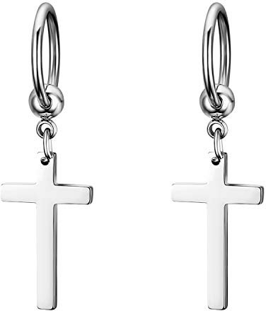 Flongo Boucles d’Oreilles Croix pour Femme Homme, Petits Créoles Pendentif Croix Religieux Unique en Acier Inoxydable Couleur Argent Noir Or Coloré Fantaisie Cadeaux Anniversaires Noël