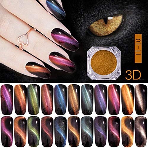 BrilliantDay 11 Colors Nail Art Glitter Pigment Cats Eyes Design Chrome Nail Powder Mirror Effect Manicure Polishing Tool Manicure Cat Eye Powder Box Set#1