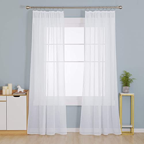 Deconovo Voile Vorhangschals Gardinen Kräuselband Wohnzimmer Stores Schal Transparent Vorhänge für Schiene Leinenoptik, 242x132 cm(HöhexBreite), Weiß, 2er Set