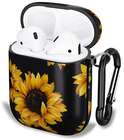 Ladecase für Airpods Hülle Case,mit Karabiner Bunte Kunst Gemalt Muster Hart PC Ultradünnes Zweiteilige Hülle Cover Ladecase Staubdichtes Case Schutzhülle für Airpods 1 & 2,Schwarze Sonnenblume