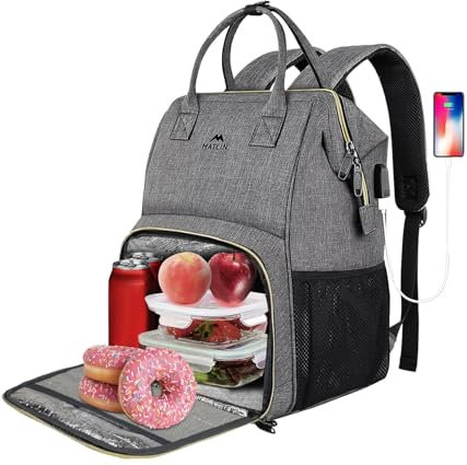 MATEIN Damen Laptop Rucksack 15,6 Zoll mit Isoliertes Kühlfach, Kühlrucksack mit USB Ladeanschluss, Wasserdicht Kühltasche Lunch Tasche für Frauen Herren Arbeit Business, Grau