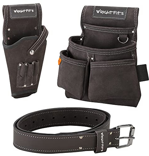 WrightFits Leather Drill Holster Pouch Double Nail Multi Pocket Tool Work Organiser & Belt (3 in 1)|for Builders, Carpenters, Gardeners, Electricians