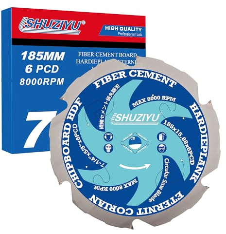 SHUZIYU 7-1/4(185mm)-6PCD, Arbor 5/8, Polycrystalline Diamond Tipped 6 PCD, Hardie Blade, Fiber Cement Circular Saw Blade