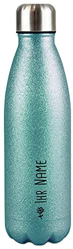 Glitzer-Trinkflasche aus Edelstahl selbst gestalten mit Name & Blume Symbol - Thermosflasche Glitzer, Wasserflasche BPA-frei für Reise, Schule und Sport I Personalisiertes Geschenk - Türkis 500 ml
