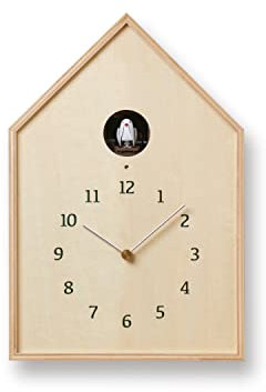 Lemnos Kuckucksuhr Birdhouse - Designer Cuckoo Clock aus Japan Mit Batterie und Lichtsensor - Vogeluhr aus Holz, Modernes Design - Farbe Natur