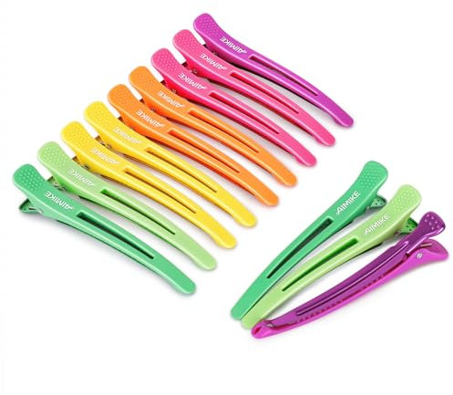 AIMIKE 12Pcs Haarklammern Friseurbedarf, Professionelle Haarclips zum Stylen und Schneiden, Rutschfeste Haarklammern mit Silikonband, No-Trace Abteilklammern Friseur für Dickes und Dünnes Haar-Neon