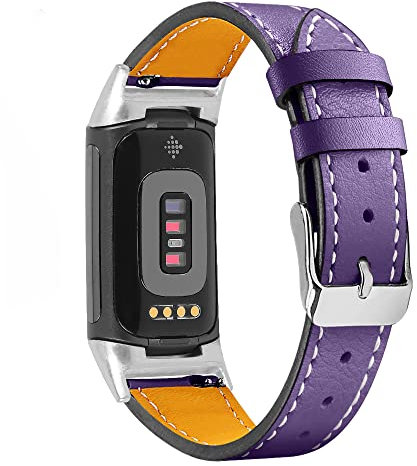 Gimuk Kompatibel mit Fitbit Charge 6/Charge 5 Armband für Damen und Herren, echtes Leder, verstellbares Sportarmband, Ersatzarmband für Charge 6/Charge 5 Tracker, klein und groß (lila)