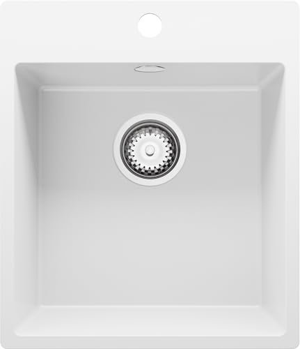 PRIMAGRAN Evier Cuisine en Granit Blanc 43x50cm, Lavabo 1 bac + Kit de Vidage, Évier à Encastrer au meuble 45cm - Riga