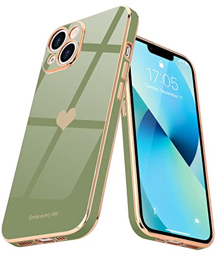 Teageo for iPhone 13 Case Cute Heart Pattern for Women Girls Slim Luxury Bling Plating Soft TPU Anti-Scratch Shockproof Bumper Phone Case for iPhone 13, Green