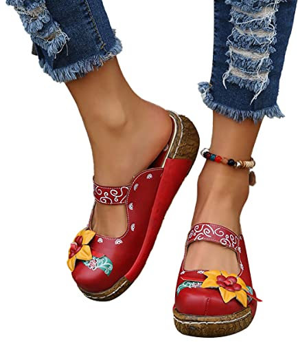 ticticlily Classic Damen Clogs Lederschuhe Clog Pantolette Komfortschuhe Hausschuhe B Rot 43 EU