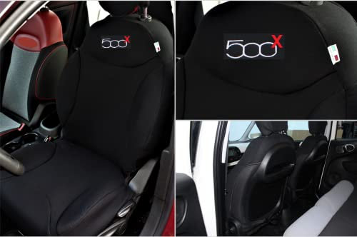 Italfodere - Coppia Coprisedili Anteriori Compatibili con Fiat 500X - Cotone Accoppiato - Fatti a Mano - Eleganti e Resistenti - Accessori Auto Interno - Nero - Made in Italy