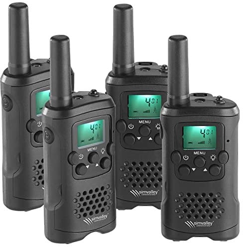 simvalley Communications 4er-Set PMR-Funkgeräte mit VOX, bis 10 km Reichweite, LED-Taschenlampe