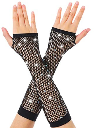 Azwood Fischnetz Handschuhe, Strass Mode Lang Netz Mesh Handschuhe, Schwarz Fingerlose Netzhandschuhe - Damen Abendhandschuhe für Verkleidung Kostüm Party Halloween Cosplay Zubehör