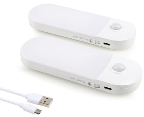 da LIGHT LED Nachtlicht Akku mit Bewegungsmelder, 2 Stück LED Schrankleuchte, USB Wiederaufladbar Unterbauleuchte, 3000K Warmweiß Sensor Licht für Schrank, Flur, Treppen, Schlafzimmer, Küche