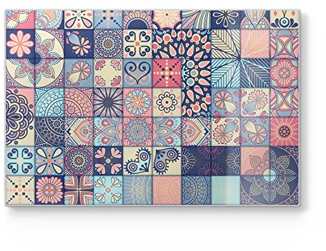 DEQORI Schneidebrett aus Glas | groß 30x20 cm | Motiv Kleinteilige Kachelmotive | Design Schneideplatte für Küche | Frühstücksbrett antibakteriell & rutschfest | Glasplatte & Servierplatte