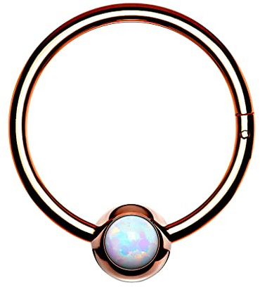 Piercingfaktor Clicker Scharnier Ring mit Opal Kugel Nasen Piercing Septum Tragus Helix Nase Nasenring Nasenpiercing Ohr Knorpel Segment Klicker Rosegold Weiß 1,2mm x 8mm