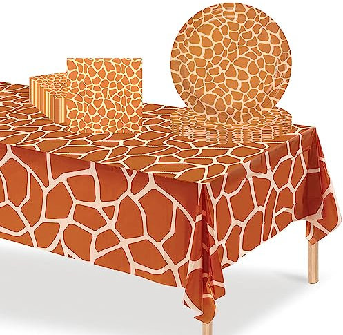 37Pcs Jungle Safari Animal Paper Tableware Set,Giraffe Print Napkins,Paper Plates 9 Inch,Table Cloth,Forest Zoo Animal Print Tableware for Jungle Safari Animal Wild One Birthday Hen Party Supplies