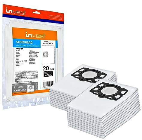 Invest - Staubsaugerbeutel Ersatz, Filtertüten Beutel Kompatibel mit Kärcher KFI 357 KFI357 KA 40 Ersatzbeutel Kärcher 2.863-314.0 WD2 Plus WD3 WD3s; KFI 357; KA 40; SE 4001 SE 4002 - Weiß, 20 Stück