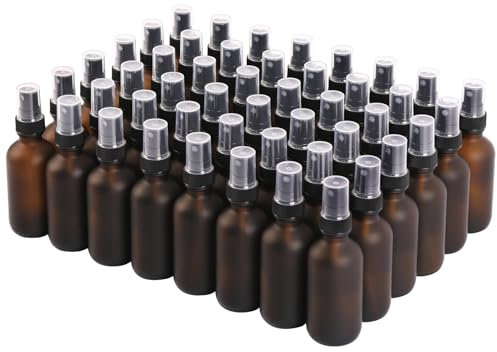 NOOEEISS Botellas pequeñas de vidrio esmerilado ámbar de 2 onzas, 48 paquetes, pulverizador de niebla fina, bonito acabado, recipientes recargables, mini botellas de spray para soluciones de limpieza