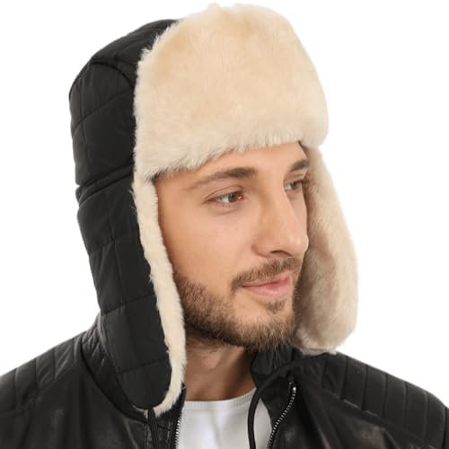 Zavelio Shearling Sheepskin Ushanka Trapper Fur Hat - Herren & Damen Leder Flieger Wintermütze Schwarz mit Hellbraunem Fell M/L, Schwarz mit hellbraunem Fell, M/L