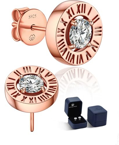 MomentWish Rosegold Ohrringe Römische Ziffern, 1 Karat Moissanite Damenohrringe Ohrstecker Silber 925 Ohrringe Damen Mama Geschenk zum Muttertag-5mm