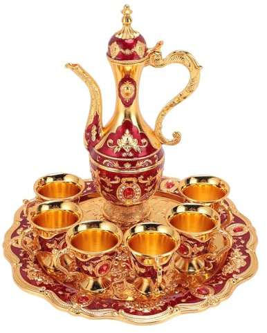 POTRUWE Juego de Cafetera Turca con 6 Tazas de café, Copas de Vino Vintage, Jarra, Exquisita Tetera, Juego de Servicio de té para Bar en Casa, Fiesta de té (Oro Rojo)