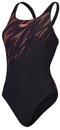 Speedo Women's Hyperboom Placement Muscleback Swimsuit | Quick Drying | Training | FitneS | Chlorine Resistant, Black/Siren Red/Plum Dandy, 40